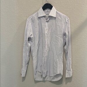Piattelli White Dress Shirt with Light Blue Windowpane